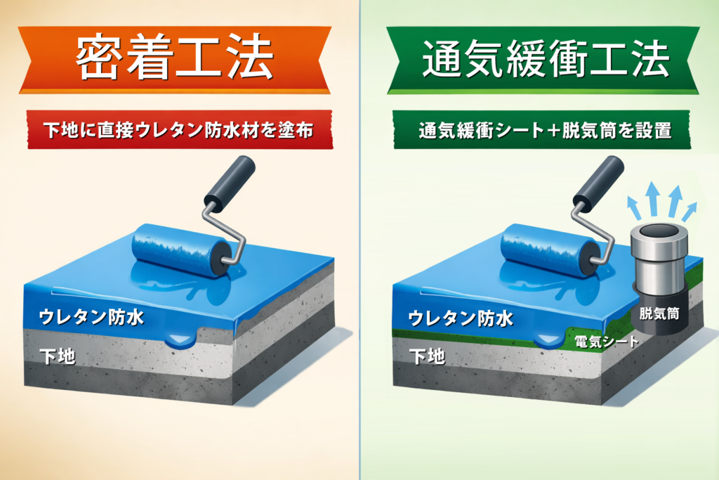 密着工法と通気緩衝工法
